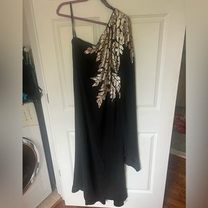 Tadashi Shoji one shoulder long sleeve gown with golden/metallic leaf accent